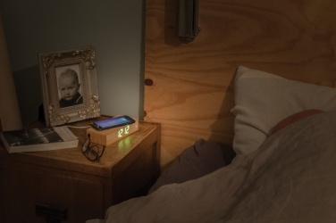 Logo trade promotional giveaways image of: Bamboo alarm clock with 5W wireless charger